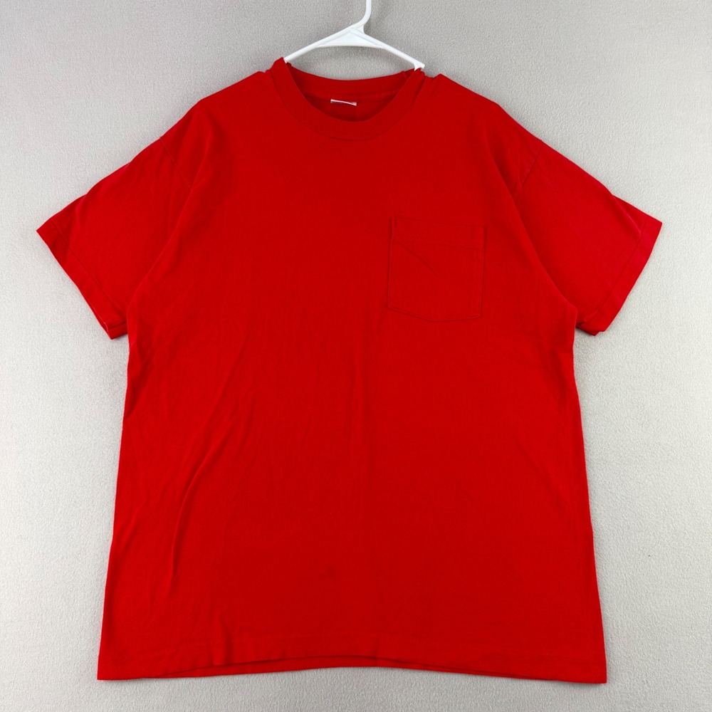 Vintage 90s Selvedge Pocket Tee Mens XL Red Made in USA Single Stitch Blank